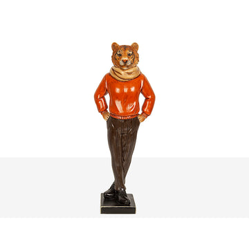 Rote Romimex Deko-Figur eines Tiger in Kleidung aus Harz, 14x37x10 cm.