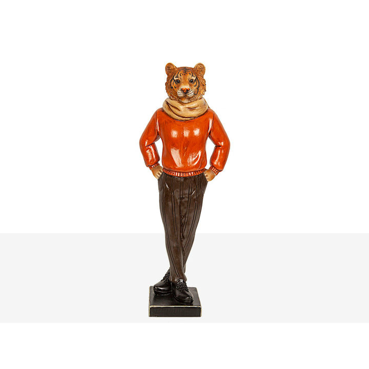 Rote Romimex Deko-Figur eines Tiger in Kleidung aus Harz, 14x37x10 cm.