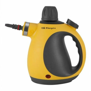 Gelber Orbegozo Dampfreiniger mit schwarzem Griff und Düse. Kompakter 1050 W Dampfreiniger.