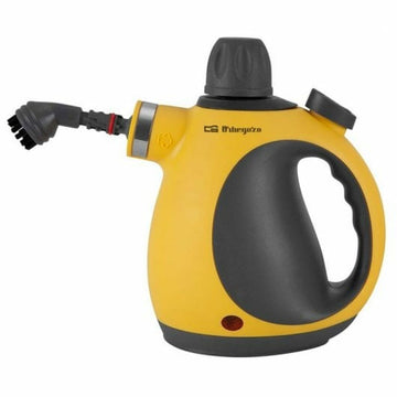 Gelber Orbegozo Dampfreiniger mit Bürstenaufsatz und ergonomischem Griff.