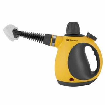 Gelber Orbegozo Dampfreiniger mit schwarzem Griff und Düse. Kompaktes Design für einfache Handhabung.