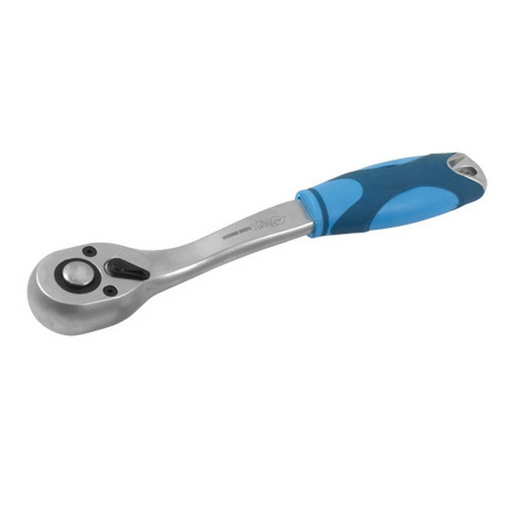 Verchromte Stahl Rassel 1/2" Ferrestock mit blauem Griff. Robuste Stahlkonstruktion.