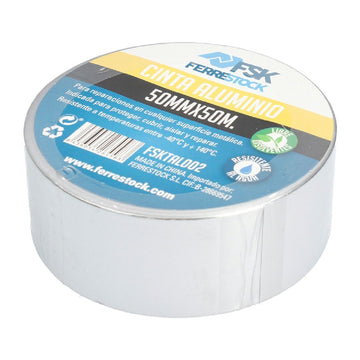 Ferrestock Aluminium Klebeband 50 mm x 50 m, silberne Farbe und deutliche Produktkennzeichnung.