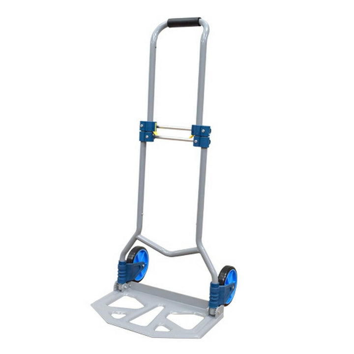 Grauer Ferrestock Transportwagen aus Aluminium, klappbar, mit blauen Rädern und einer Traglast von 70 kg.