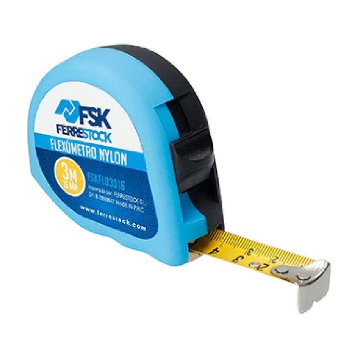 Blaues Ferrestock Flexometer 3 m x 16 mm. Das Bandmaß ist gelb mit deutlicher Markierung.