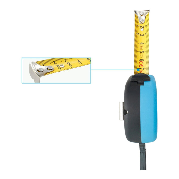 Ferrestock Flexometer mit blau-schwarzem Gehäuse und gelbem Bandmaß für präzise Messungen.