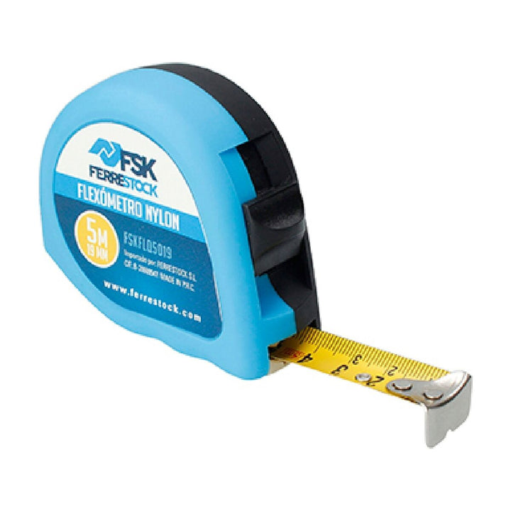 Blaues Ferrestock Flexometer mit gelbem Maßband. Ideal für genaue Messungen.