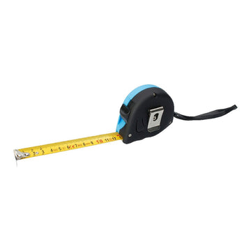 Ferrestock Flexometer mit blau-schwarzem Gehäuse und gelbem Messband. Praktisches Werkzeug.