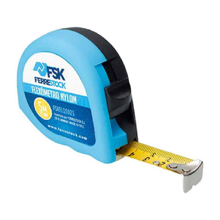 Blaues Ferrestock Flexometer mit gelbem Messband. Ideal für genaue Messungen.
