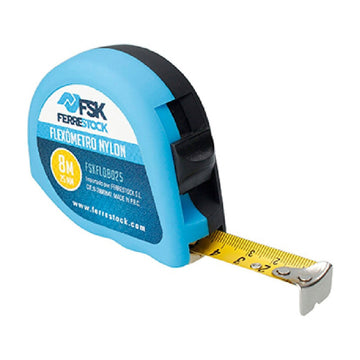Blaues Ferrestock Flexometer mit 8m Nylon-Bandmaß für präzise Messungen.