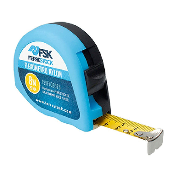Blaues Ferrestock Flexometer mit 8m Nylon-Bandmaß für präzise Messungen.