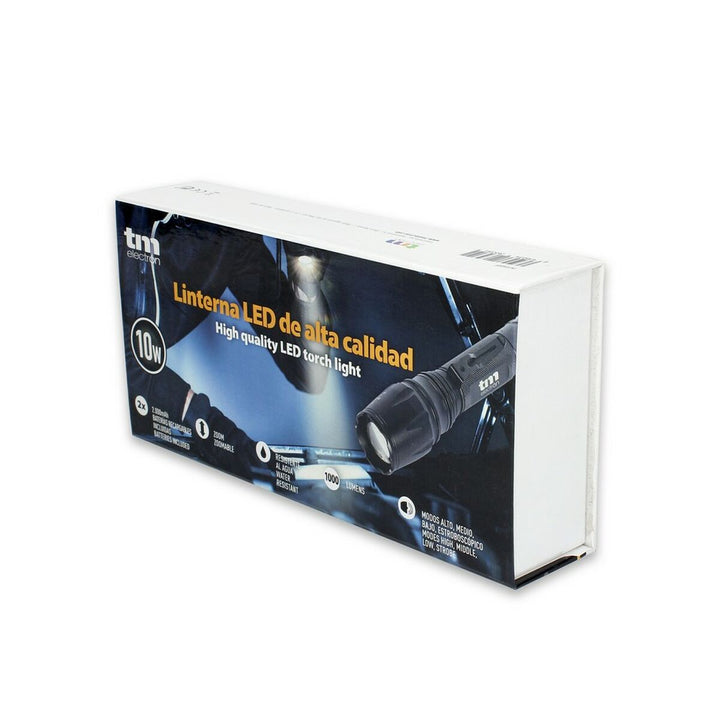Schwarze TM Electron REC LED Taschenlampe 10W in der Box. Zoombar und wasserfest.