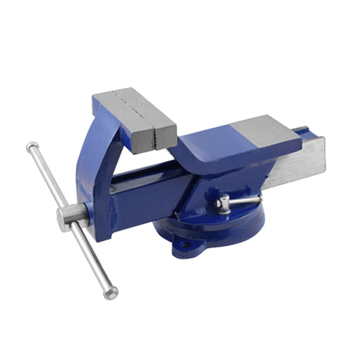 Blauer Ferrestock Schraubstock 100 mm für die Holzbearbeitung mit drehbarer Basis und Metallgriff.