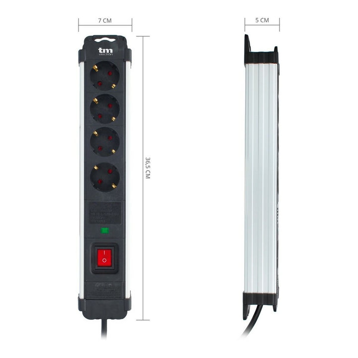 TM Electron Steckdosenleiste mit 4 Steckdosen und Schalter. Silbernes und schwarzes Design.