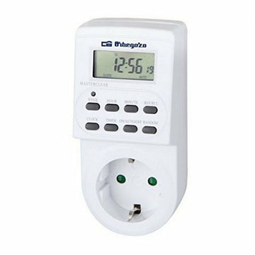 Weiße Orbegozo Zeitschaltuhr 16275 mit digitaler Anzeige und Eurostecker für die automatische Steuerung.