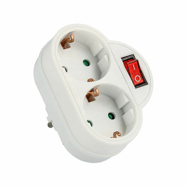 Weißer NIMO Ethernet-Verteiler mit zwei Steckdosen und Schalter für Stromverteilung.