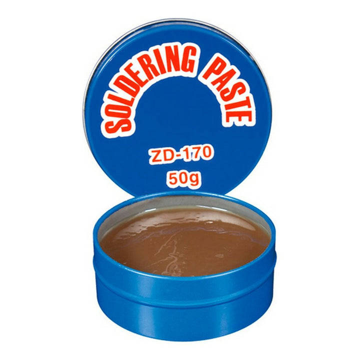 Blaue 50g Dose Speziallötpaste Schweißung. Braune Lötpaste mit Beschriftung auf dem Deckel.