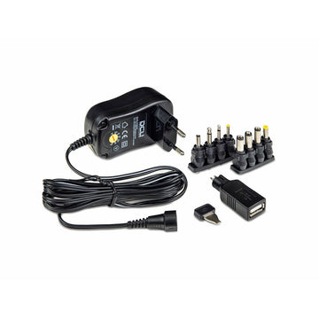 Schwarzes Stromkabel DCU 37200045 mit verschiedenen Adaptern und USB-Anschluss.
