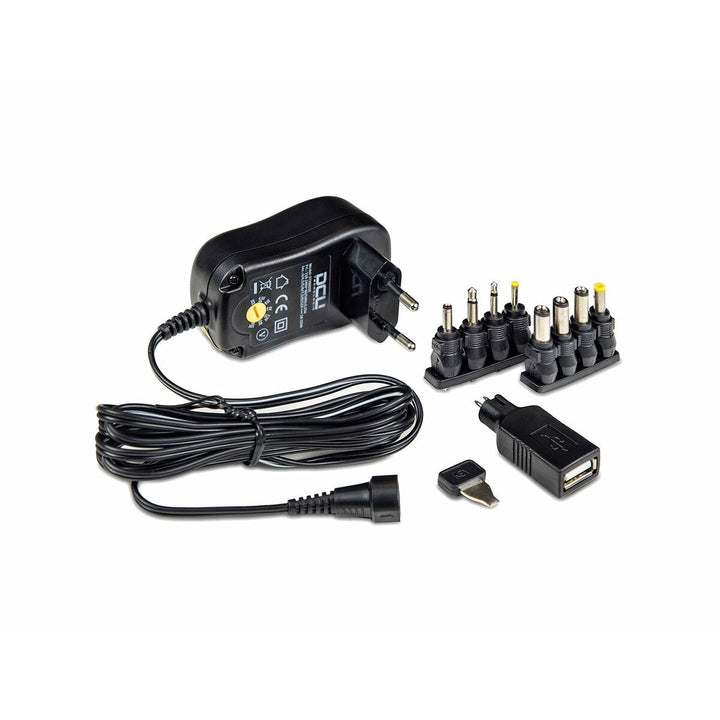 Schwarzes Stromkabel DCU 37200045 mit verschiedenen Adaptern und USB-Anschluss.