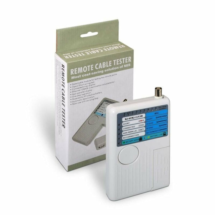 Aisens A142-0313 Kabeltester: Weißes Gerät mit RJ45, USB und BNC Anschlüssen zur Kabelprüfung.