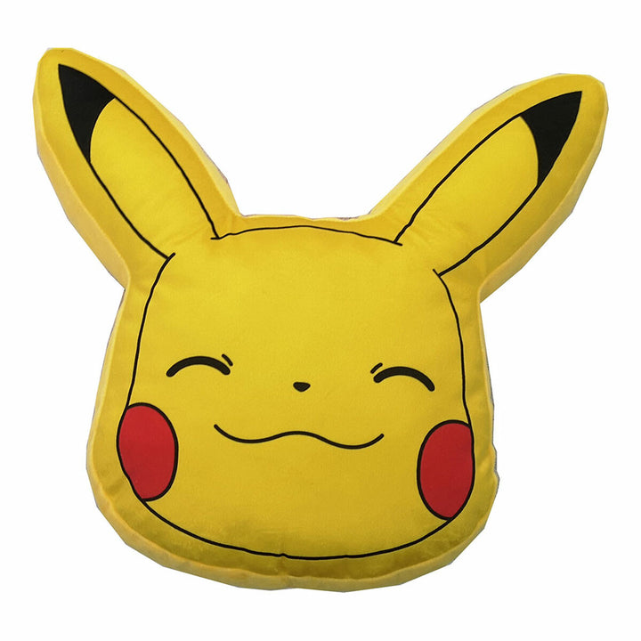 Gelbes 3D Kissen mit Pikachu Gesicht, rote Wangen und schwarze Ohrenspitzen.