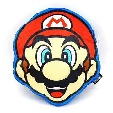 Super Mario Kissen 3D mit Marios Gesicht, roter Mütze und blau umrandet.