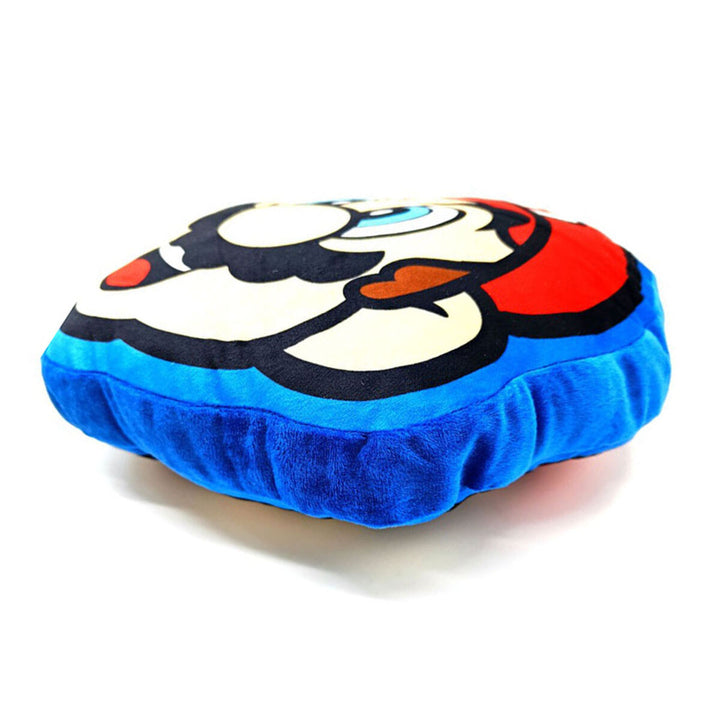 Rundes 3D Kissen mit Super Mario Gesicht. Blaue Farbe und weiches Material.