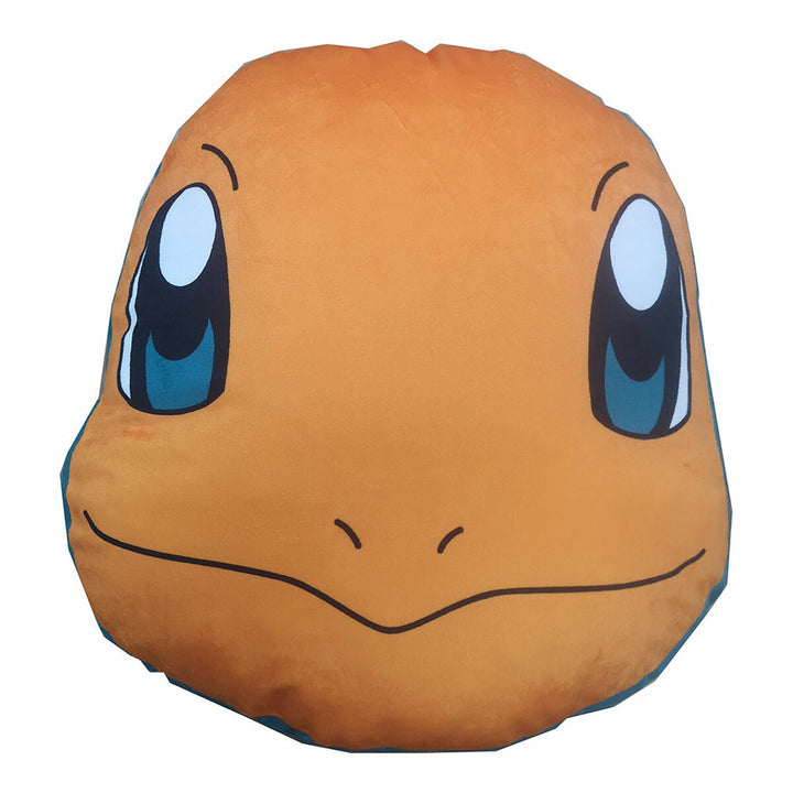 Orangefarbenes 3D Kissen, Pokémon Charmander Motiv mit großem Augen und Lächeln.