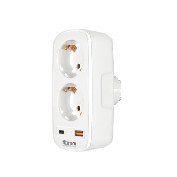 Weiße TM Electron Mehrfachsteckdose mit 2 Steckdosen und USB-Anschlüssen für vielseitige Stromversorgung.