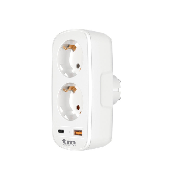 Weiße TM Electron Mehrfachsteckdose mit 2 Steckdosen und USB-Anschlüssen für vielseitige Stromversorgung.