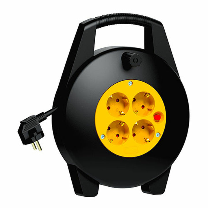 Schwarze Kabelaufwicklung mit 4 Steckdosen und 10m Kabel. Praktisch für Stromversorgung!