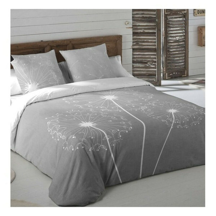 Grauer Bettdeckenbezug mit Pusteblumen-Muster. Modernes Design für Schlafzimmer.