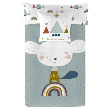 Reversibler Bettdeckenbezug mit Maus Motiv. Einzelmatratze mit Regenbogen Design.