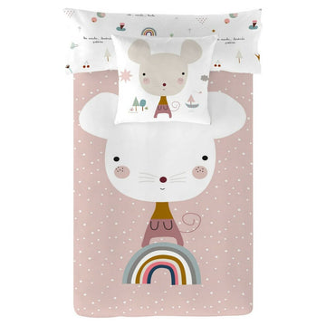 Niedlicher Bettdeckenbezug mit Maus Motiv und Regenbogen für Einzelmatratze.