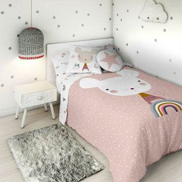 Rosa Bettdeckenbezug mit Punkten und Maus-Motiv. Reversibler Einzelmatratzenbezug für Kinder.