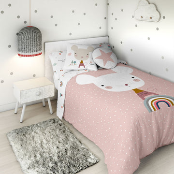 Rosa Bettwäsche mit Maus-Motiv, Haciendo el Indio Susanita. Reversibler Bettdeckenbezug und Kissen für 105er-Bett.