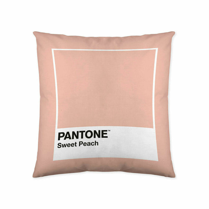 Pfirsichfarbener Kissenbezug 50x50 cm mit Pantone Sweet Peach Farbfeld.