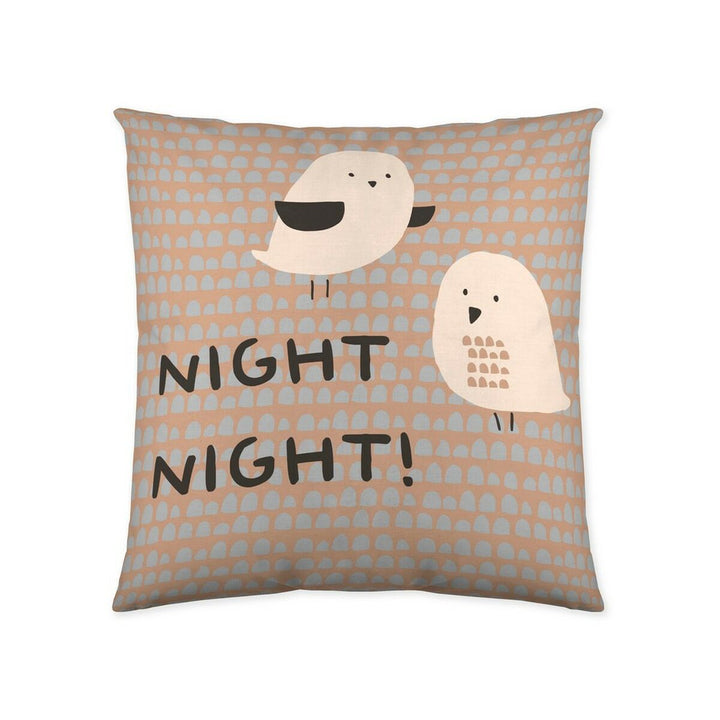 Kissenbezug mit Küken-Motiv und Nacht-Schriftzug. Niedliches Design für Kinderzimmer.