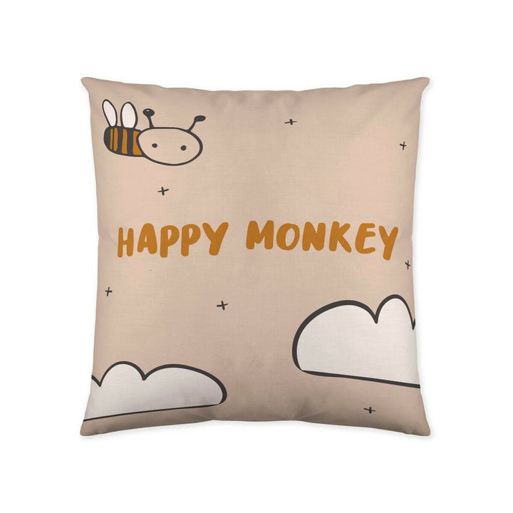 Beiger Kissenbezug mit Bienen-, Wolken- und Happy Monkey-Design, 60x60 cm.