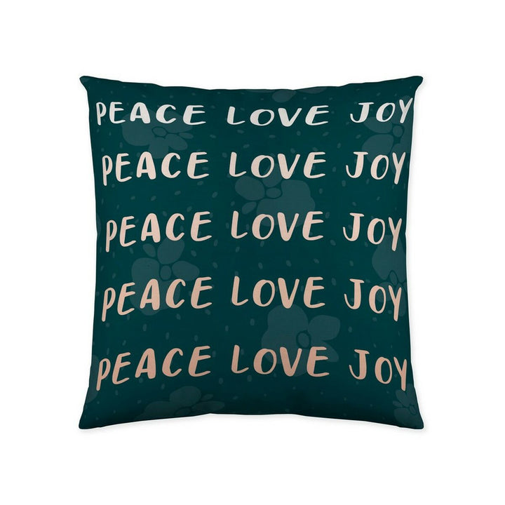 Dunkelgrüner Kissenbezug mit 'Peace Love Joy' und Blumenmuster für eine gemütliche Deko.