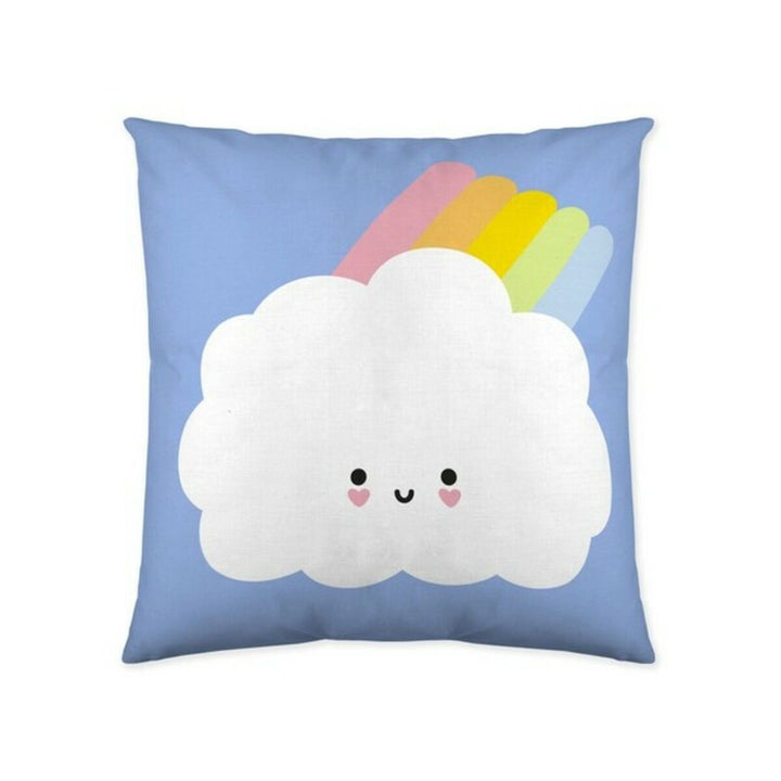 Blauer Kissenbezug mit Wolke und Regenbogen Design für Kinder.