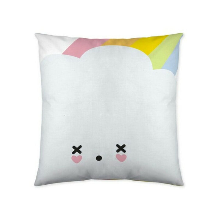Weißer Kissenbezug mit Wolke und Regenbogen für Kinder. Niedliches Design.
