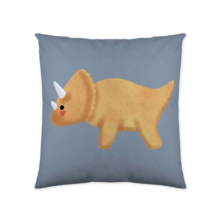 Blauer Kissenbezug mit einem niedlichen, cartoonartigen Dino-Triceratops-Design für Kinder.
