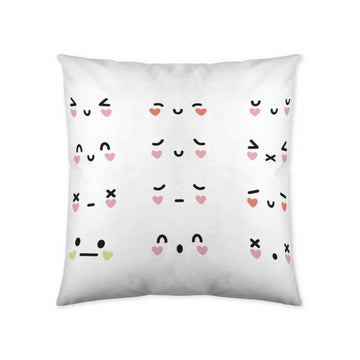 Cool Kids Kissenbezug mit niedlichen Emoji-Gesichtern. Weißer Bezug mit Herzaugen-Design.