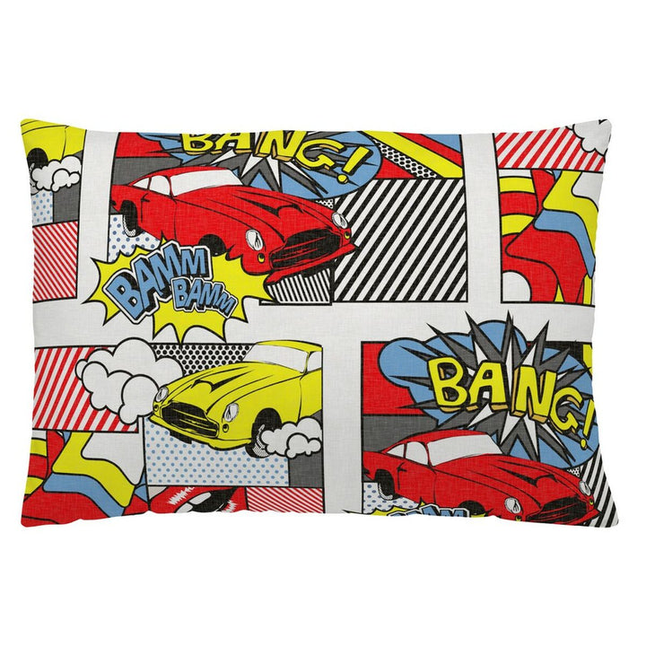 Naturals Comics Kissenbezug mit Comic-Design, roten und gelben Autos und "BANG!" und "BAMM!" Effekten.