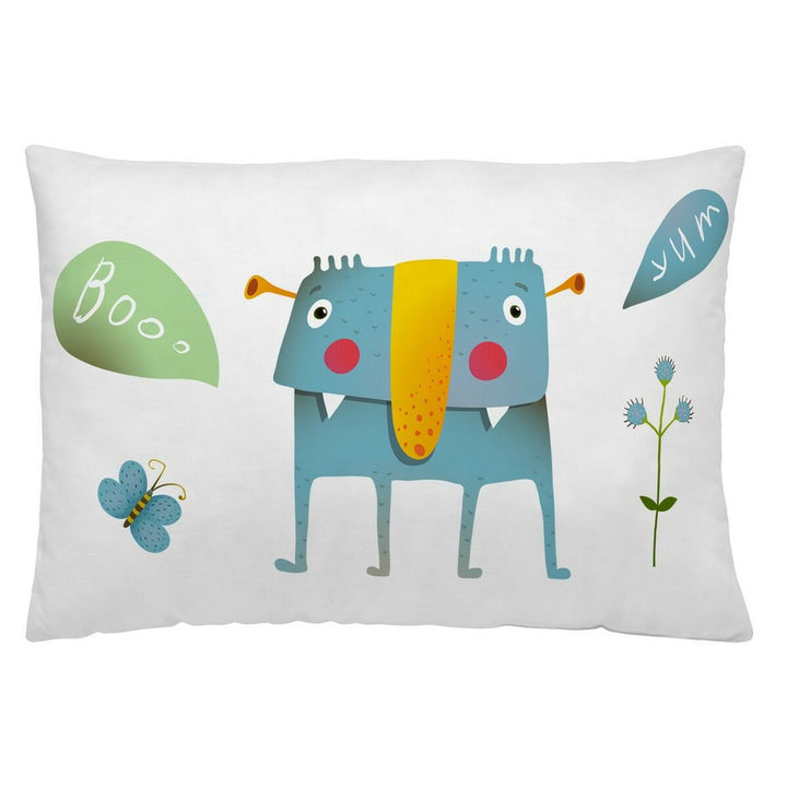 Naturals Hibbo Kissenbezug mit Monster-Cartoon und Sprechblasen Details.