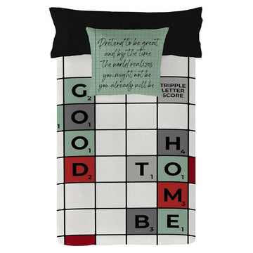 Naturals Scrabble King Size Bettbezug. Schachbrettmuster mit Buchstaben und Zitat Kissen.
