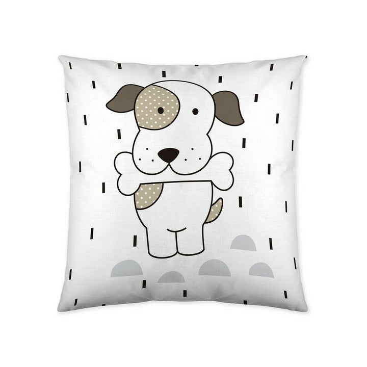 Weißer Kissenbezug mit Hunde-Motiv und Knochen für Kinder.