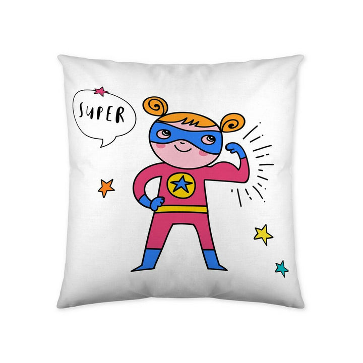 Weißer Kissenbezug mit Superhelden-Mädchen-Illustration. Naturals Heros Kissenbezug, 50 x 30 cm.
