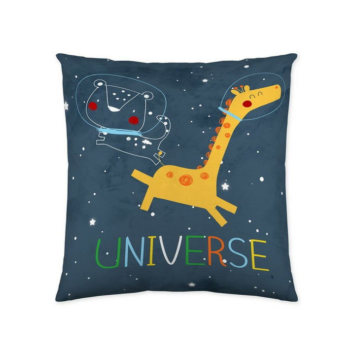 Blauer Kissenbezug (50x50 cm) mit Universum Motiv, inklusive Giraffe und Bär im Weltraum.